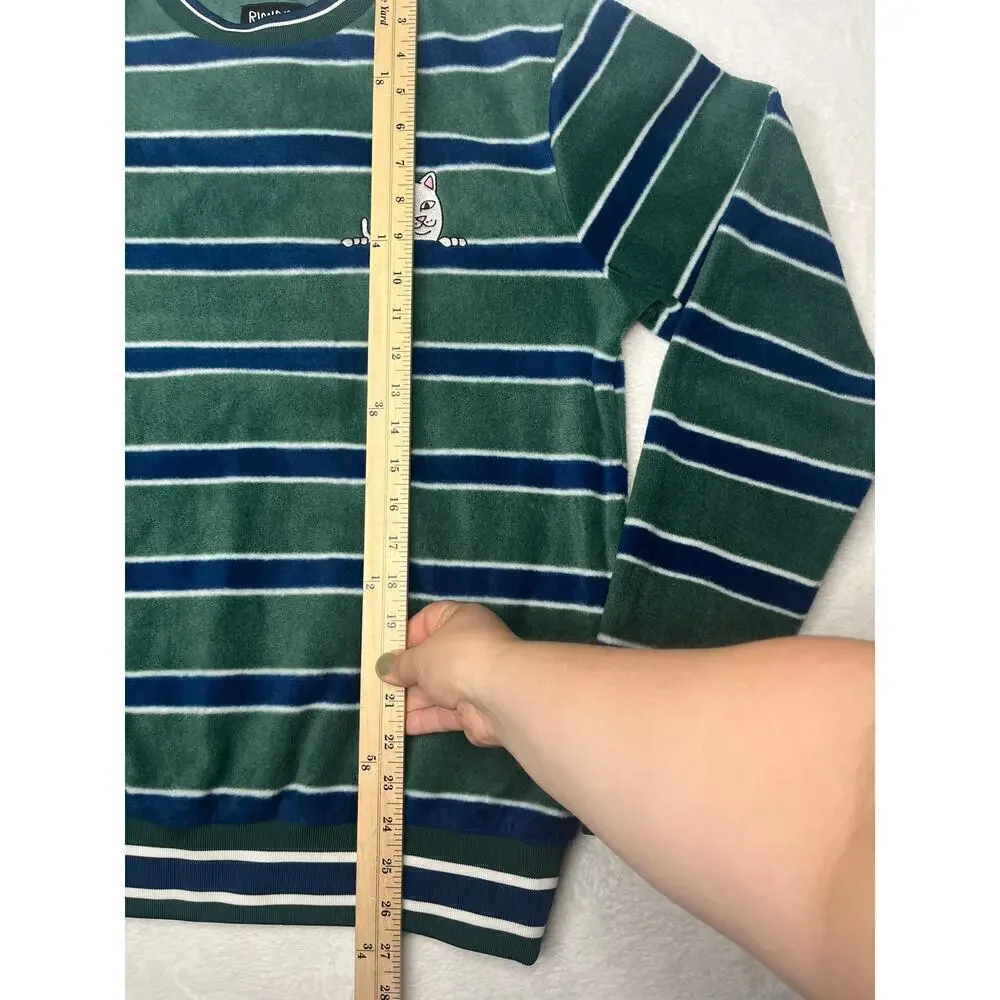 RipnDip Green Striped Long Sleeve Polar Fleece Crewneck Nermal Cat sz S Skater
